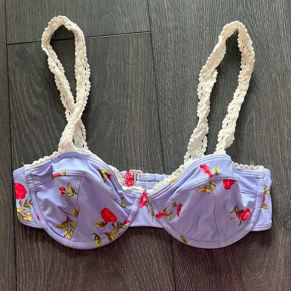 Blue Floral Wired Bikini Top w/ Crochet Straps - Picture 1 of 4